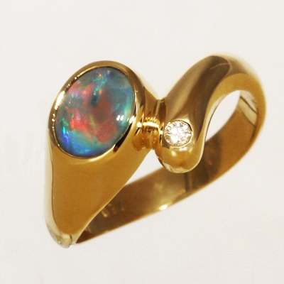 CUSTOM MADE 18k Yellow Gold Ring with a diamond and a SOLID BLACK OPAL Bright red Flame pattern. SEE VIDEO